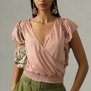 NEW ANTHROPOLOGIE Silky Deep-V Top S Small Neutral Pink Ruffle Detail